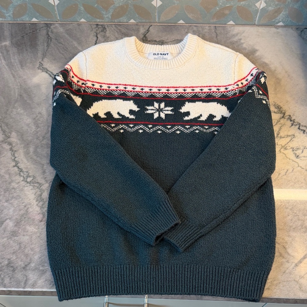 Old Navy Boys Dark Green Fair Isle Polar Bear Sweater